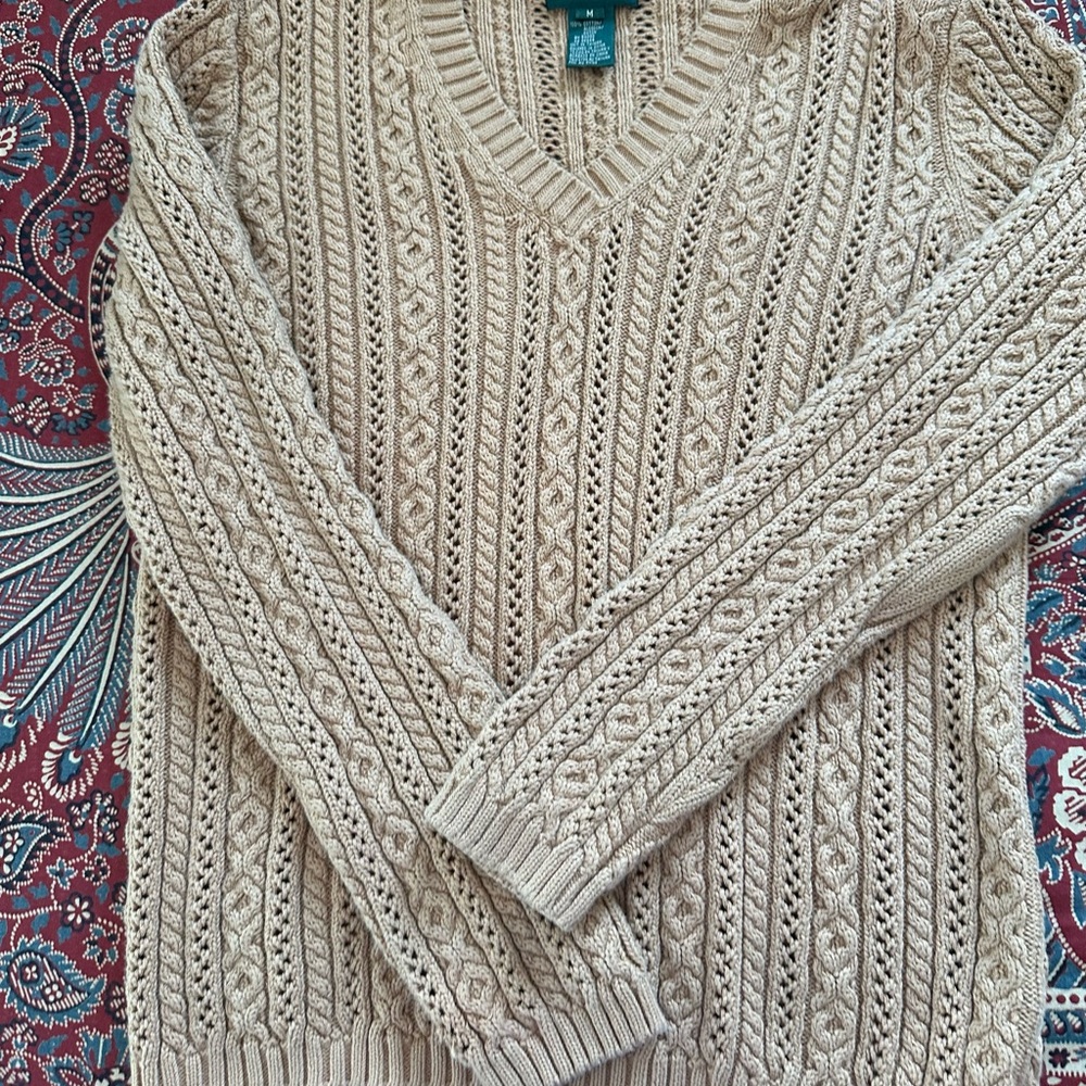 Ralph Lauren V-Neck Cable Knit Sweater - Beige medium 100% cotton